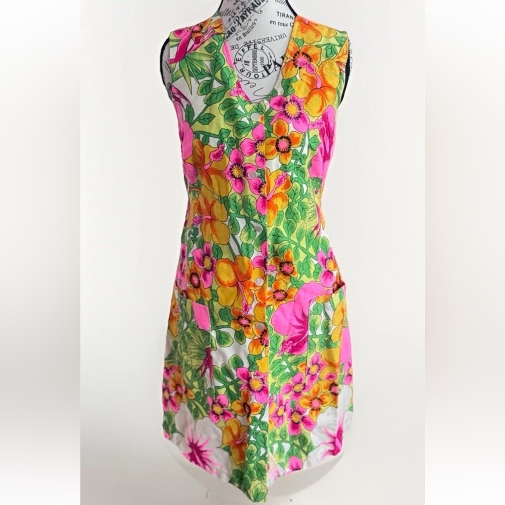 Vintage Aloha Authentic Hawaiian Originals Bright Pink Cotton Floral Dress S